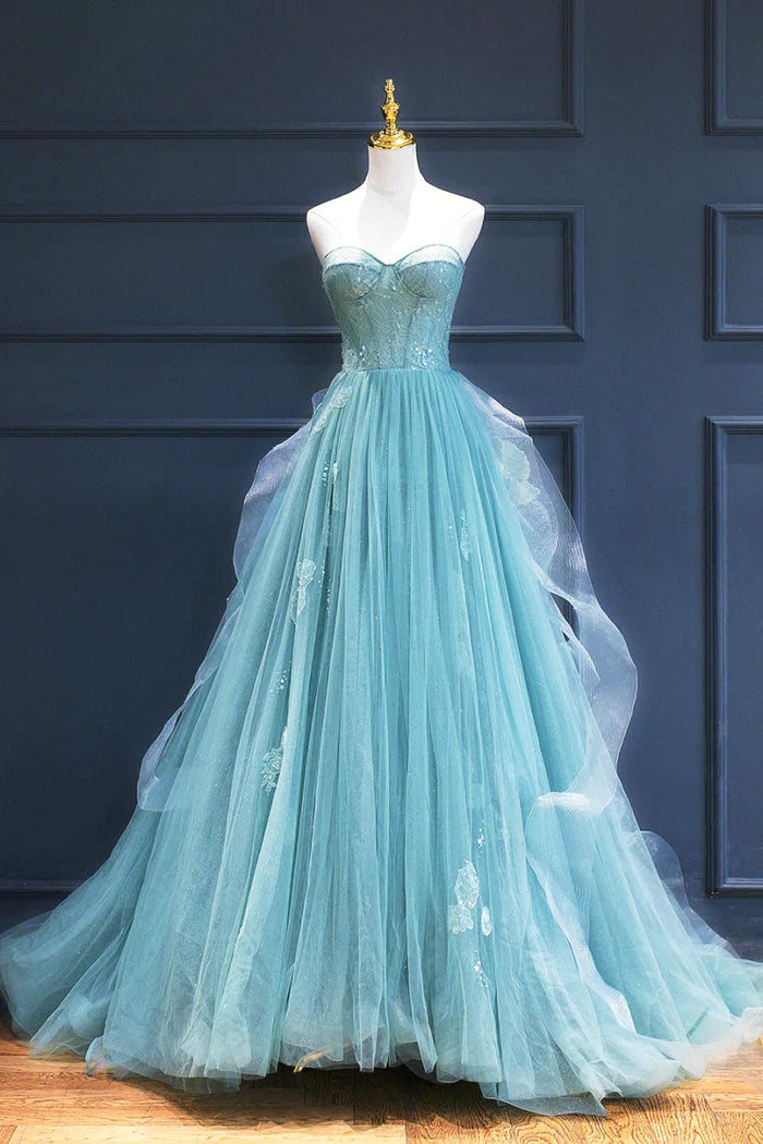 Vestidos formales de mujer, vestido formal largo de tul con encaje verde, corte A, sin tirantes, para noche o fiesta.